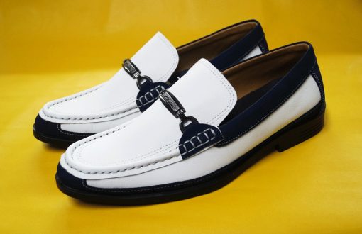 Giày mọi nam màu trắng phối xanh da bò thật. Mã số: M139